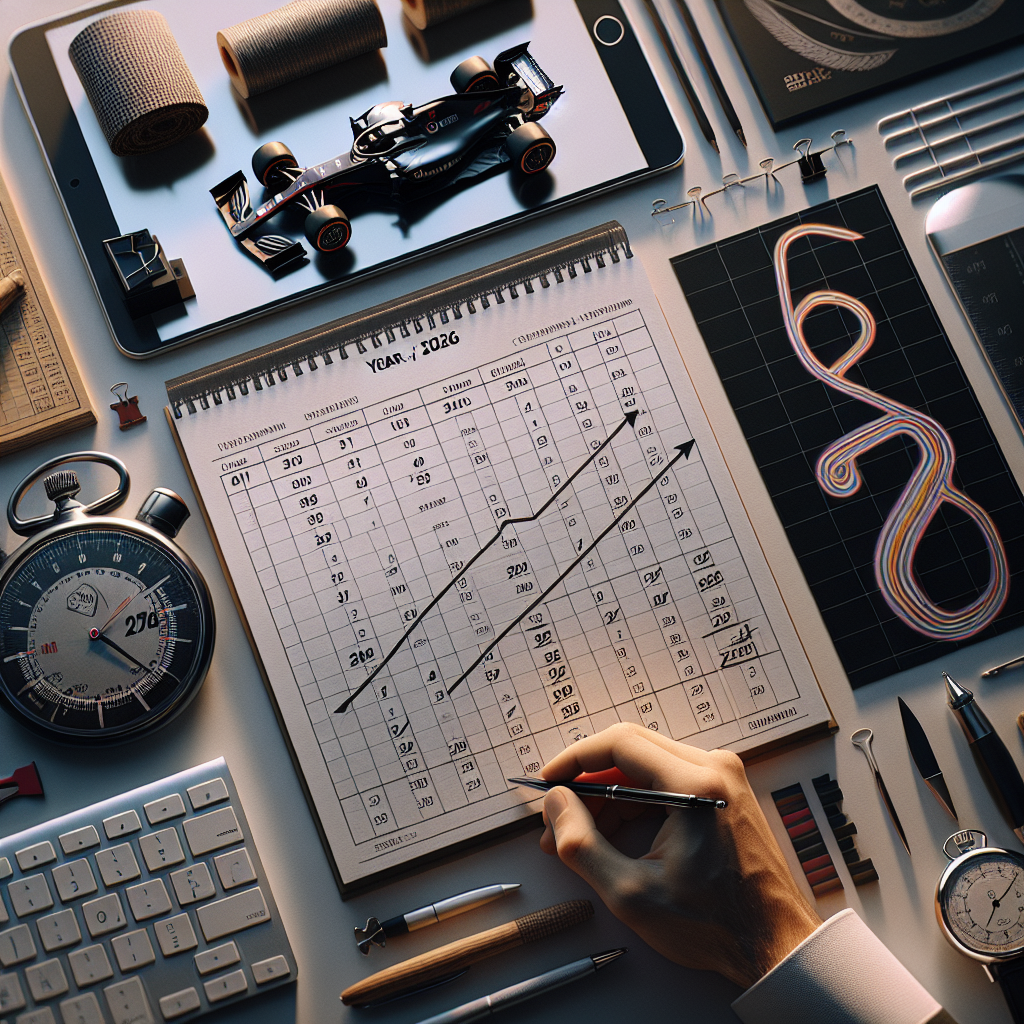 Календарь сезона 2026, отмеченные гонки, экспертные прогнозы на столе с моделью болида